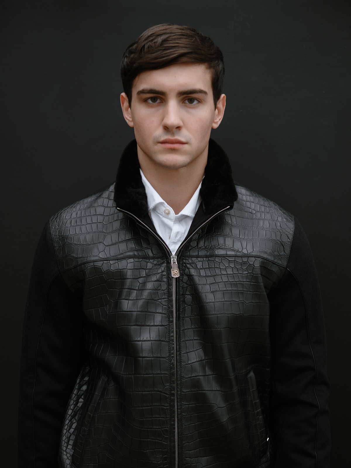 Black crocodile blouson with shearling collar